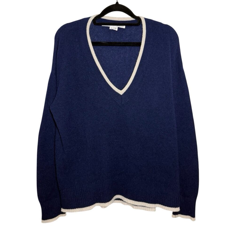 Veronica Beard Navy Blue Cream Trim Cashmere Preppy Cozy V Neck Sweater XS
